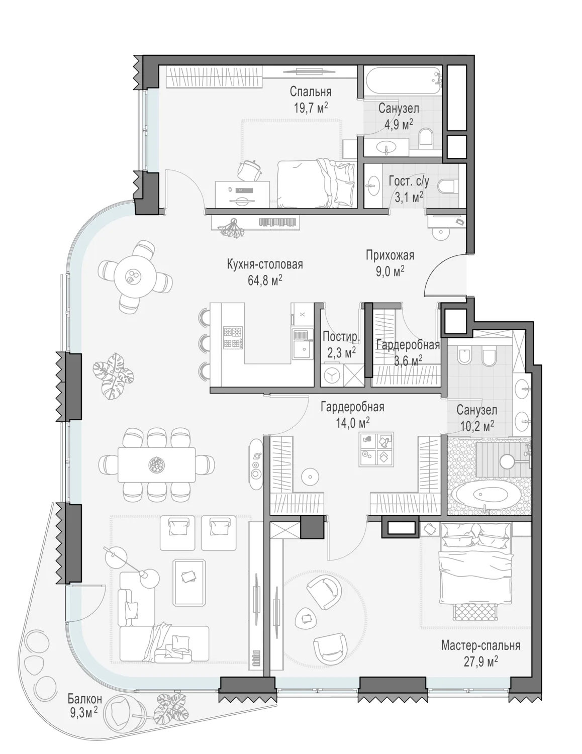 3-комнатная квартира 160,3 м² в ЖК «Лаврушинский» — планировки 3