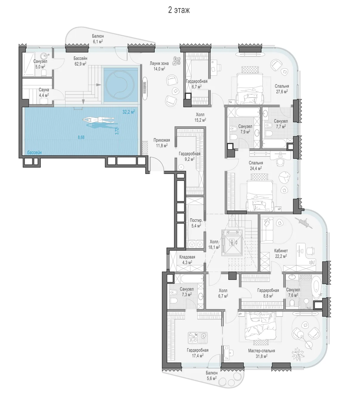6-комнатный пентхаус 664,1 м² в ЖК «Лаврушинский» — планировки 9