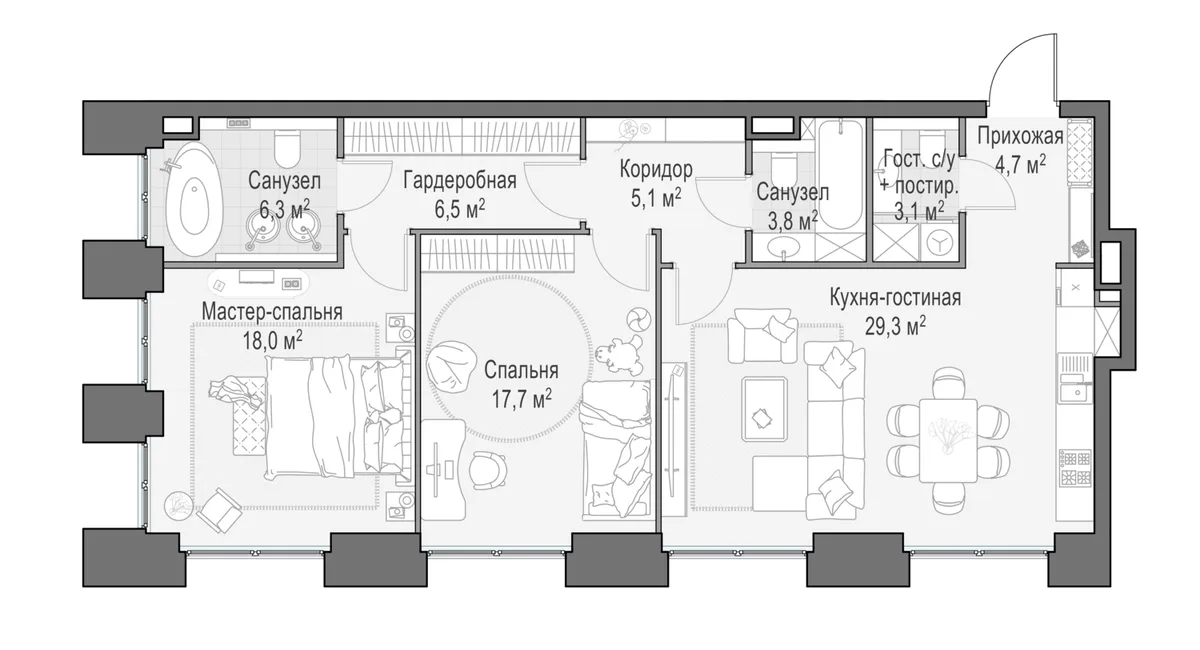 3-комнатная квартира 95,2 м² в ЖК «Life Time» — планировки 3