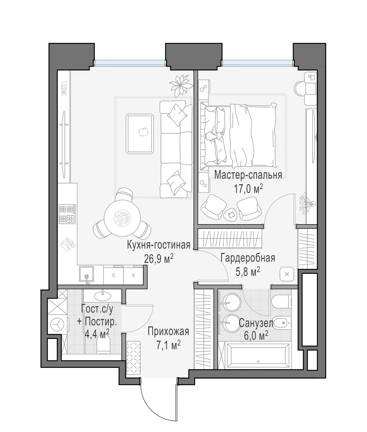 1-комнатная квартира 67,2 м² в ЖК «Фрунзенский» — планировки 1