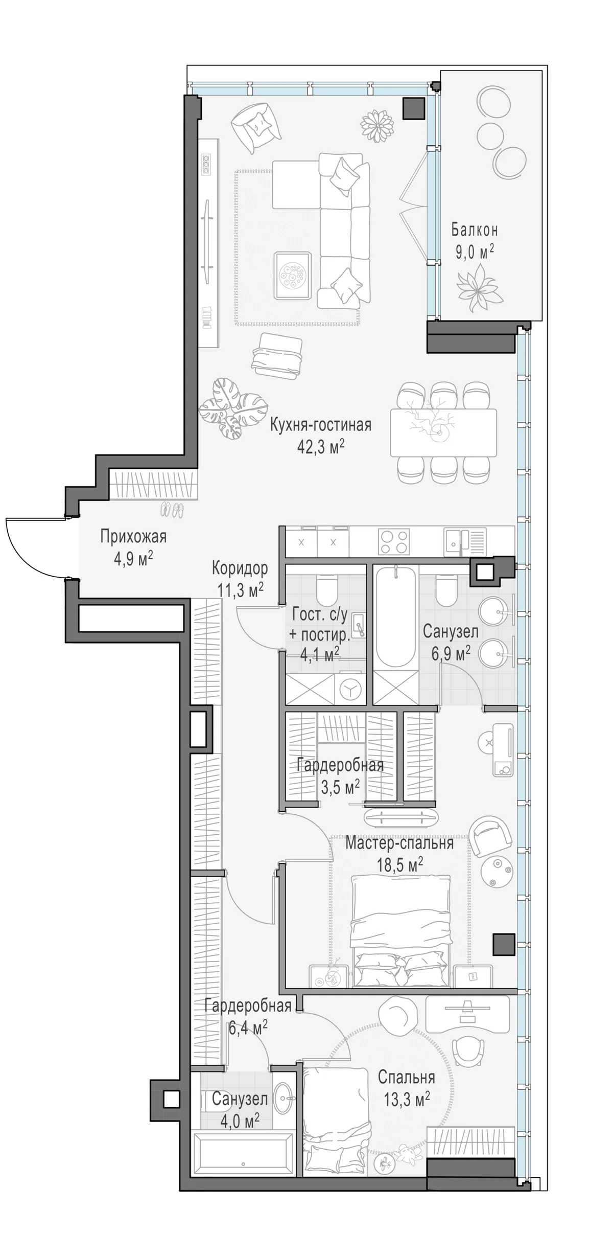2-комнатная квартира 118,7 м² в ЖК «Фрунзенский» — планировки 3