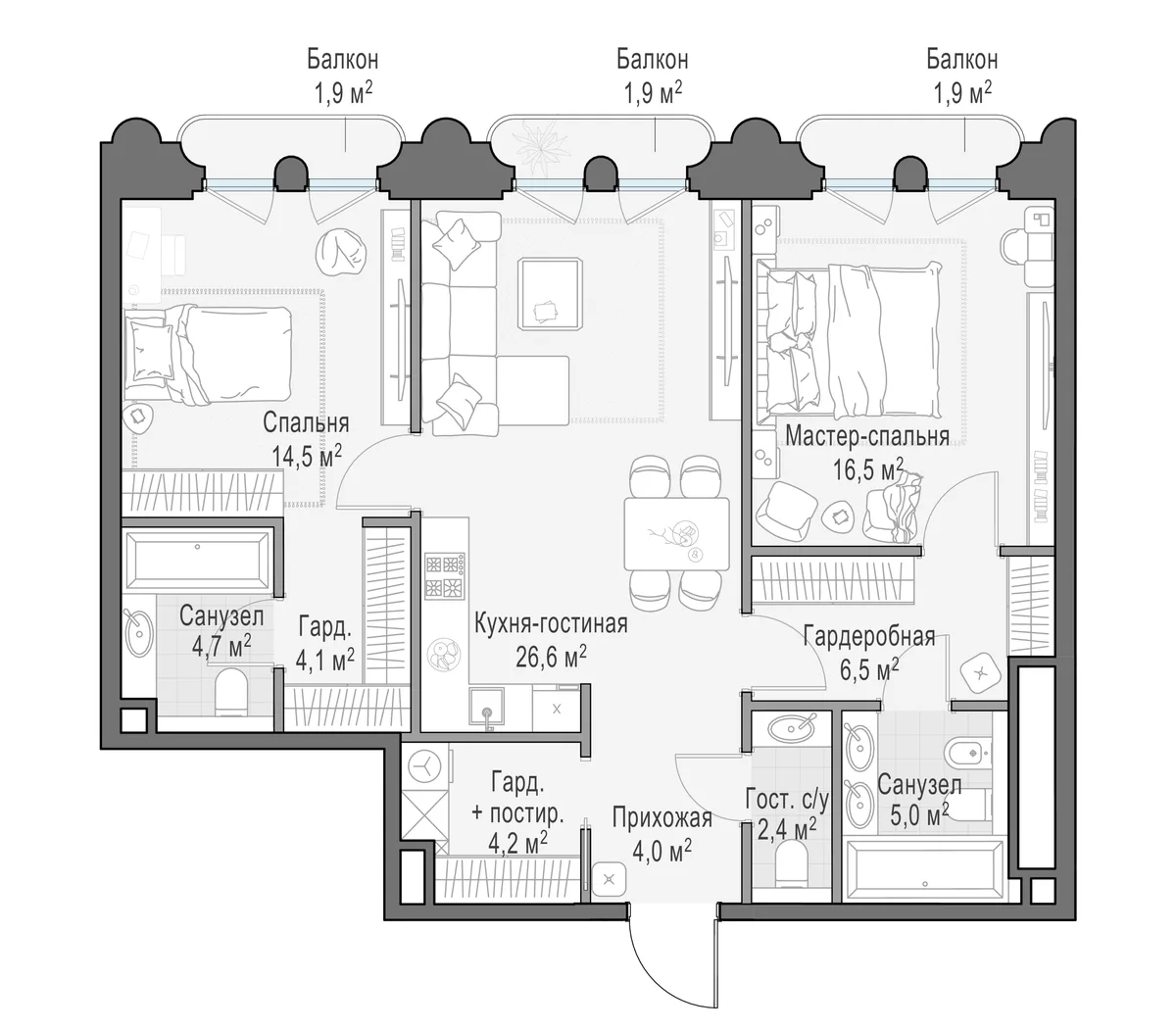 2-комнатная квартира 90,4 м² в ЖК «Фрунзенский» — планировки 1