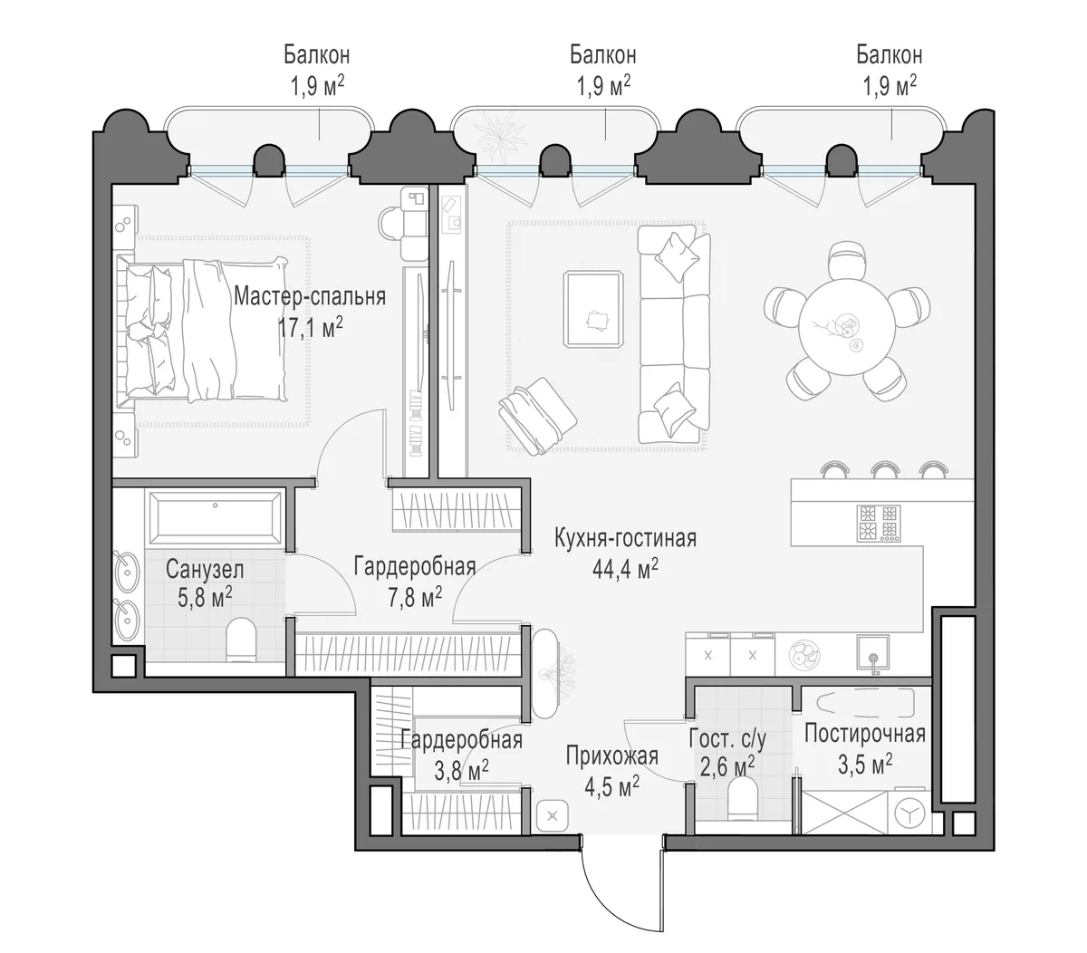 2-комнатная квартира 90,4 м² в ЖК «Фрунзенский» — планировки 2