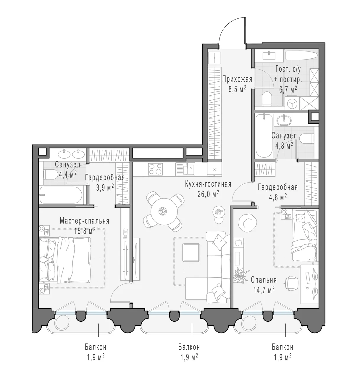 2-комнатная квартира 91,9 м² в ЖК «Фрунзенский» — планировки 2