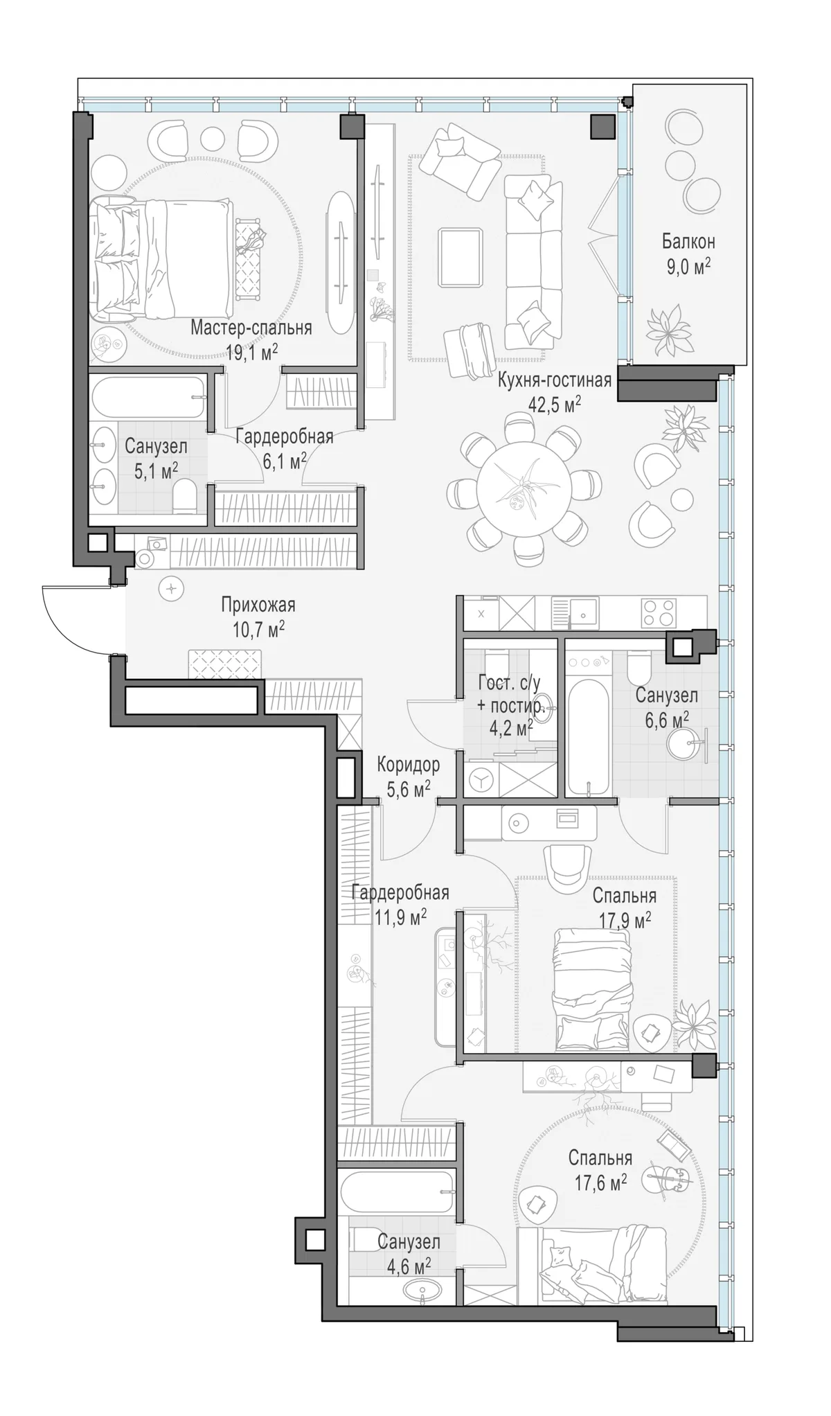 3-комнатная квартира 154,9 м² в ЖК «Фрунзенский» — планировки 4