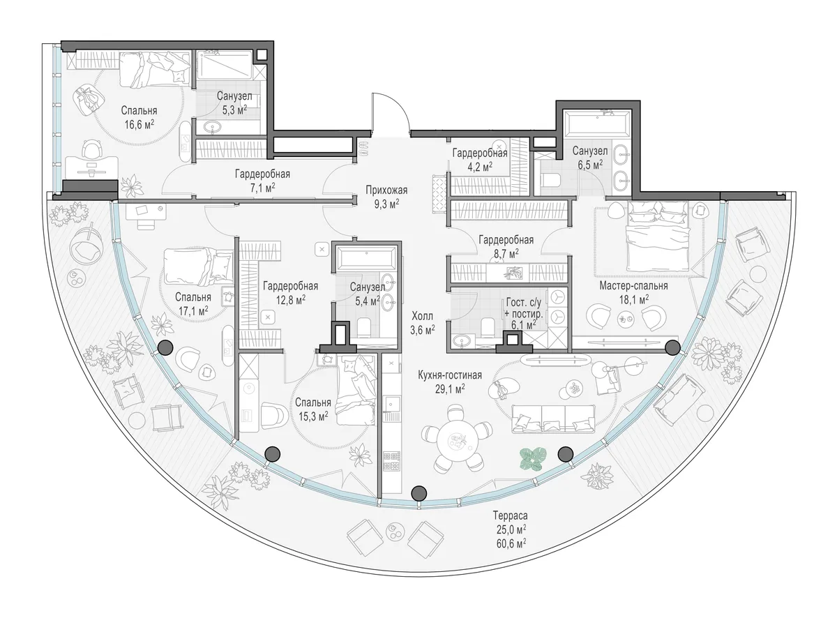 3-комнатная квартира 172,6 м² в ЖК «Фрунзенский» — планировки 3