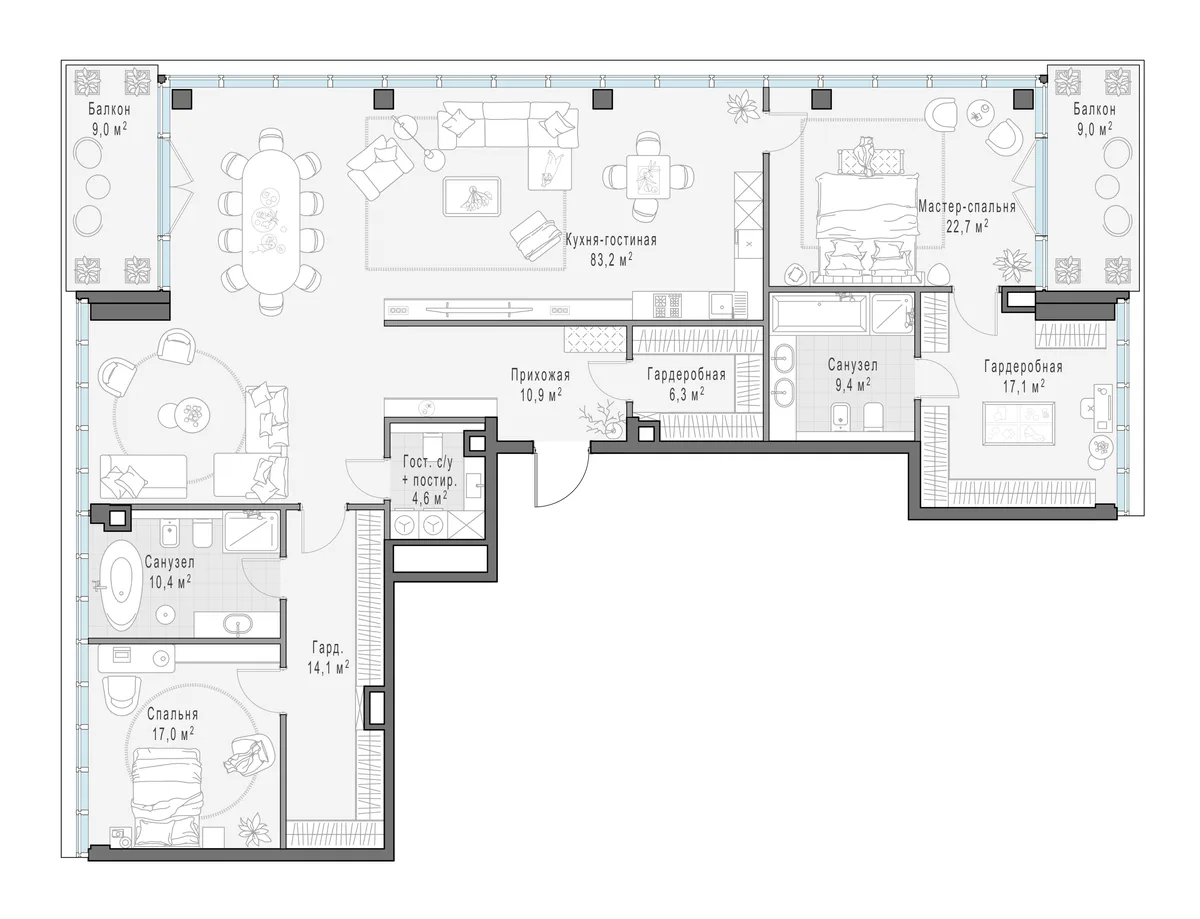 3-комнатная квартира 199,2 м² в ЖК «Фрунзенский» — планировки 1