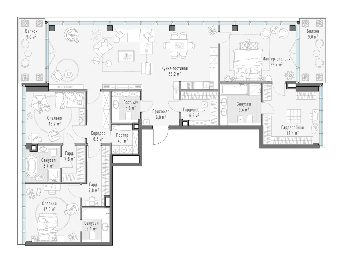 3-комнатная квартира 199,2 м² в ЖК «Фрунзенский» — планировки 2
