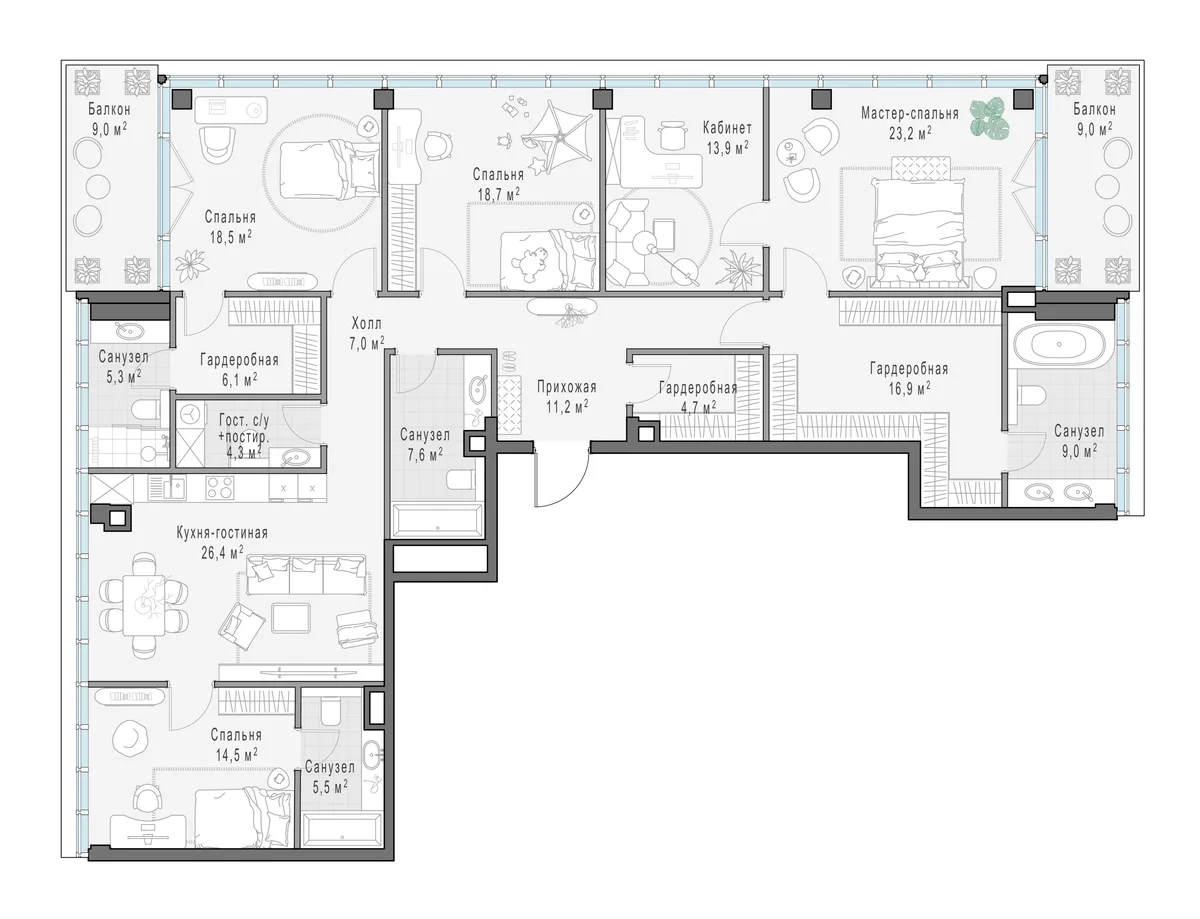 3-комнатная квартира 199,2 м² в ЖК «Фрунзенский» — планировки 3