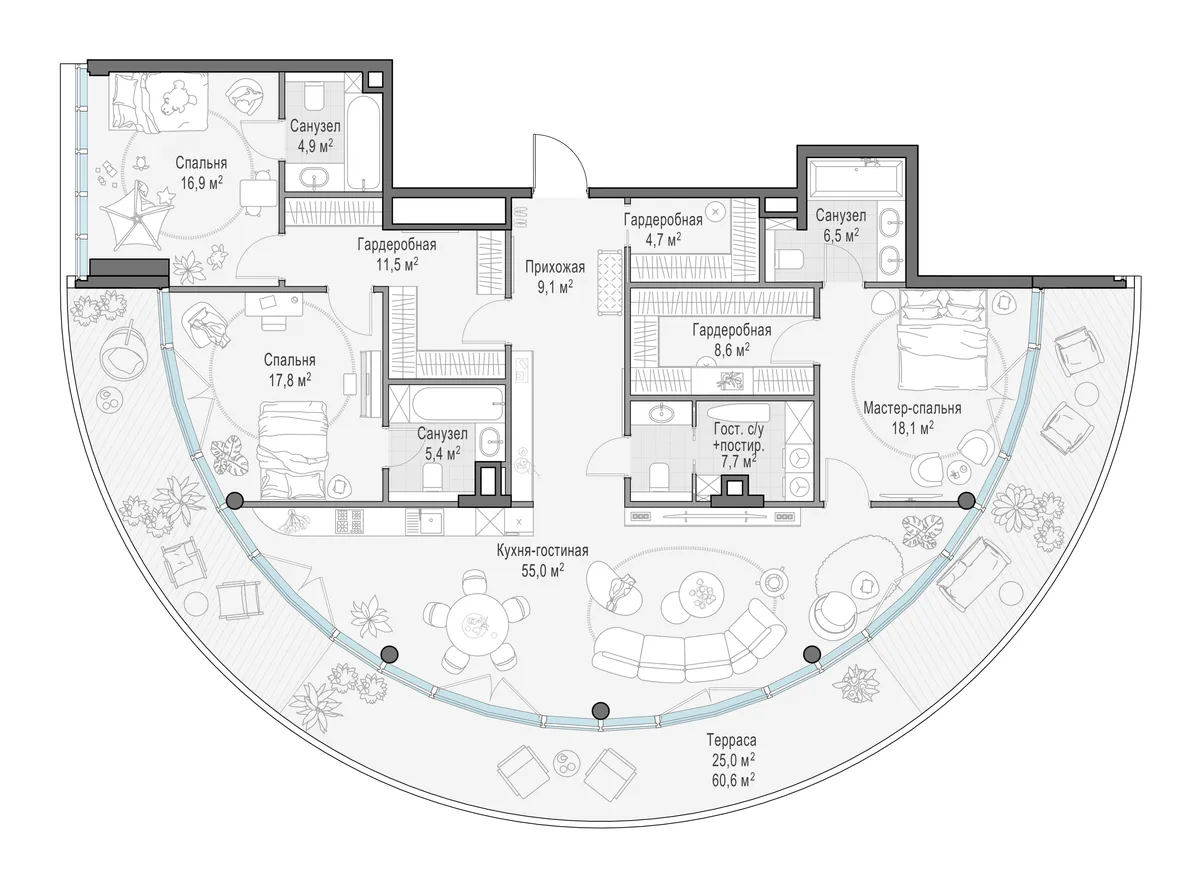 3-комнатная квартира 172,7 м² в ЖК «Фрунзенский» — планировки 4