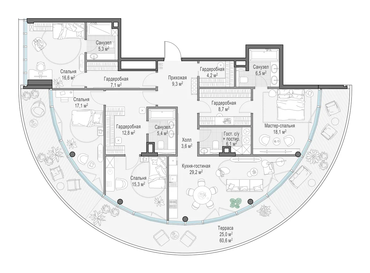 3-комнатная квартира 172,7 м² в ЖК «Фрунзенский» — планировки 5