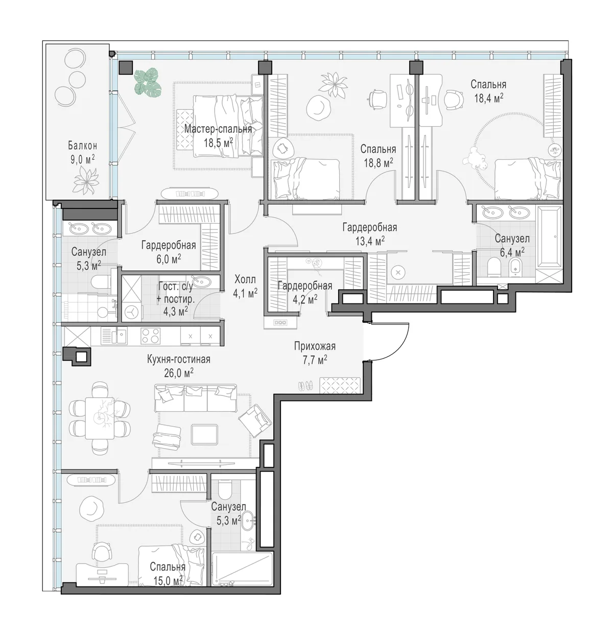 3-комнатная квартира 157,4 м² в ЖК «Фрунзенский» — планировки 1