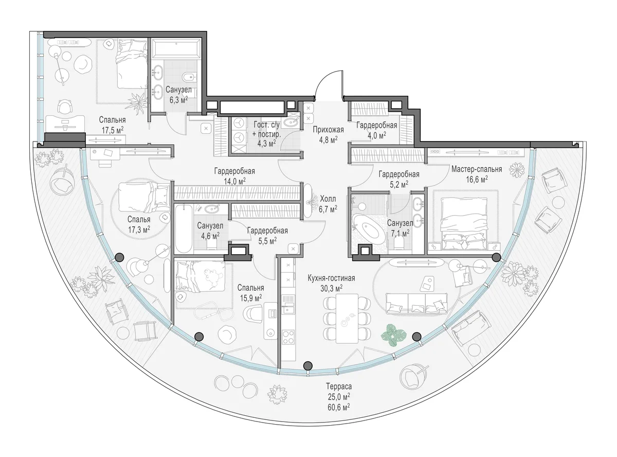 3-комнатная квартира 167,7 м² в ЖК «Фрунзенский» — планировки 4