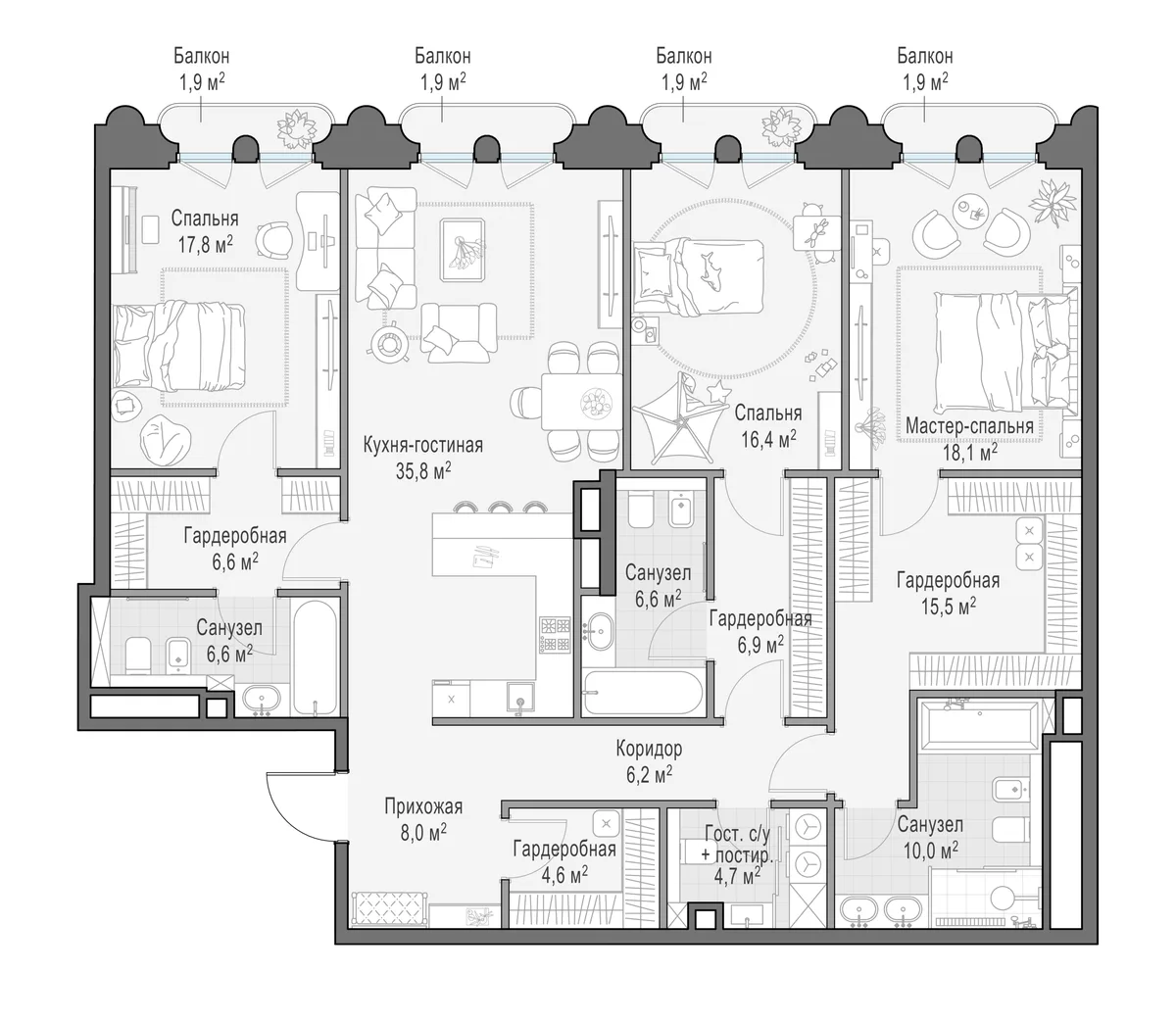 3-комнатная квартира 166,9 м² в ЖК «Фрунзенский» — планировки 1