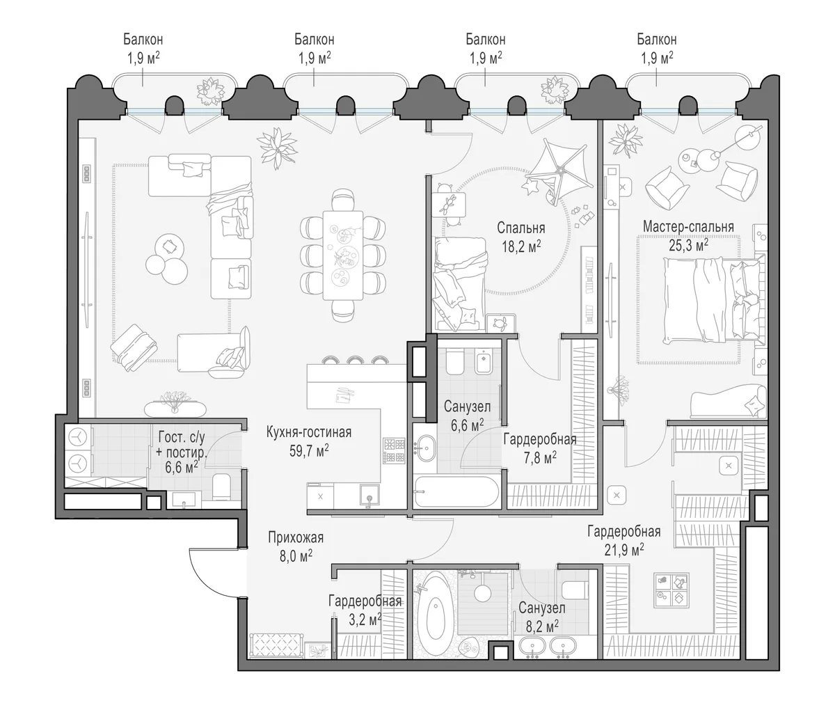 3-комнатная квартира 166,9 м² в ЖК «Фрунзенский» — планировки 2