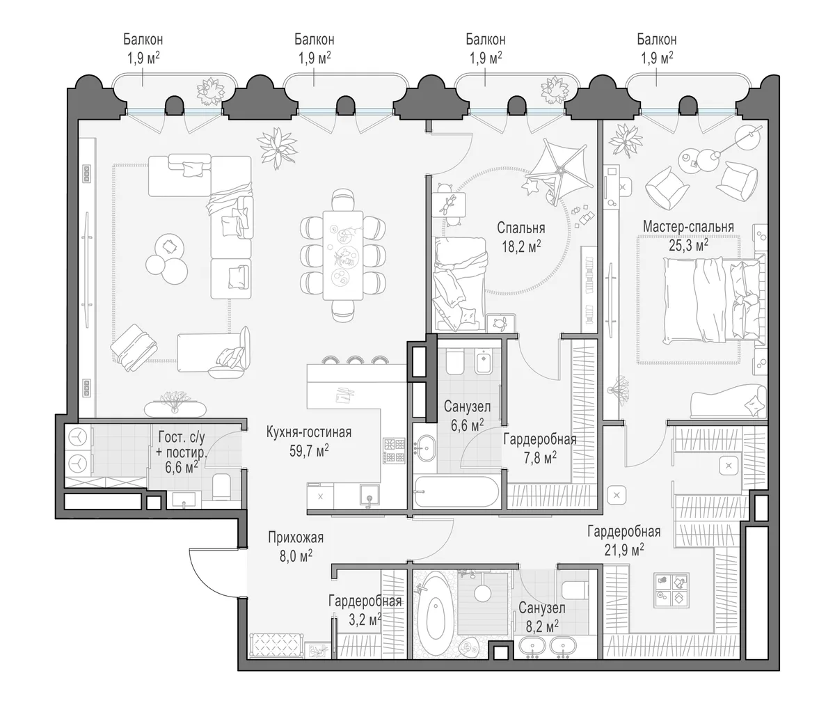 3-комнатная квартира 166,7 м² в ЖК «Фрунзенский» — планировки 1