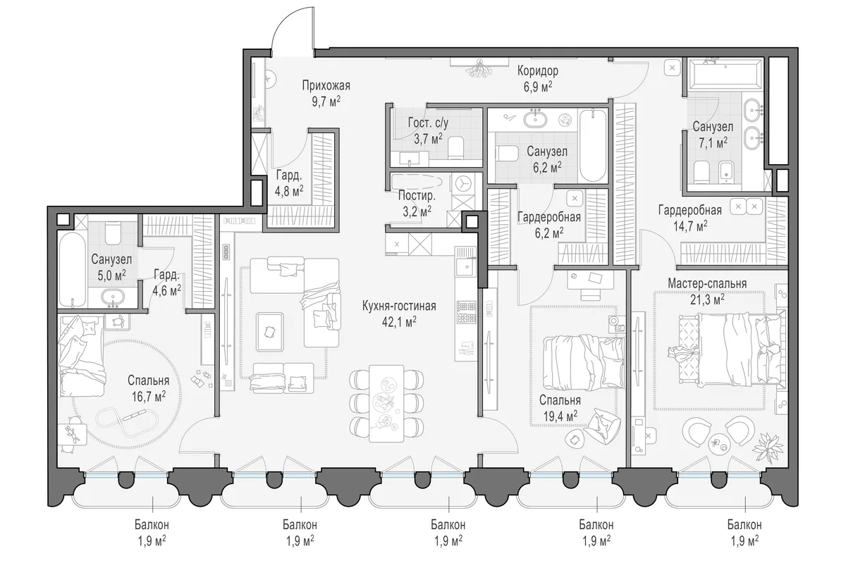 3-комнатная квартира 174,7 м² в ЖК «Фрунзенский» — планировки 2