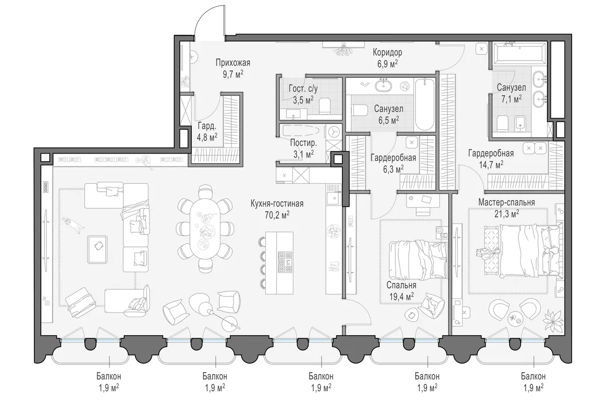 3-комнатная квартира 174,7 м² в ЖК «Фрунзенский» — планировки 3