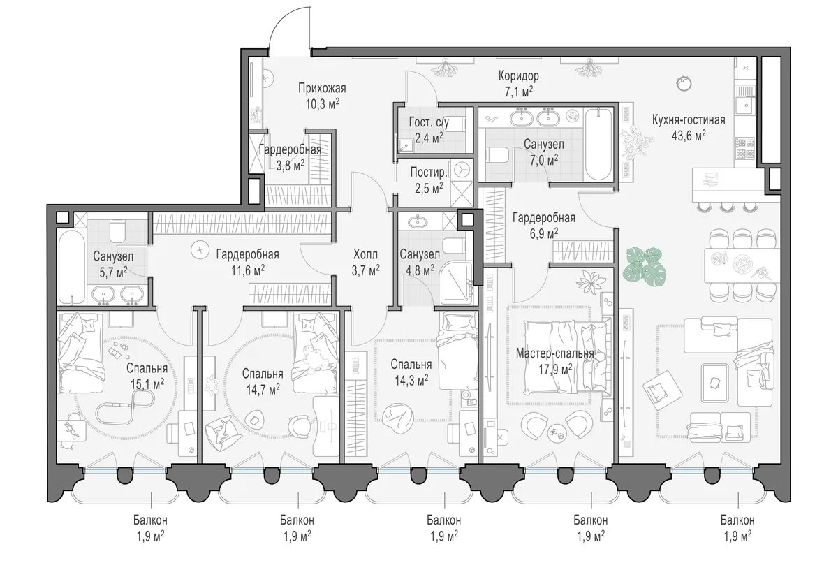 3-комнатная квартира 174,7 м² в ЖК «Фрунзенский» — планировки 4