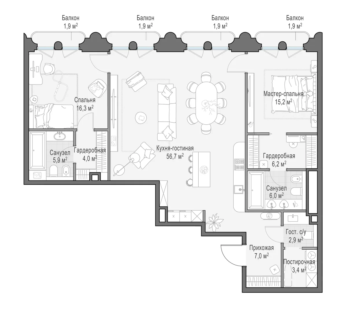 3-комнатная квартира 125 м² в ЖК «Фрунзенский» — планировки 2