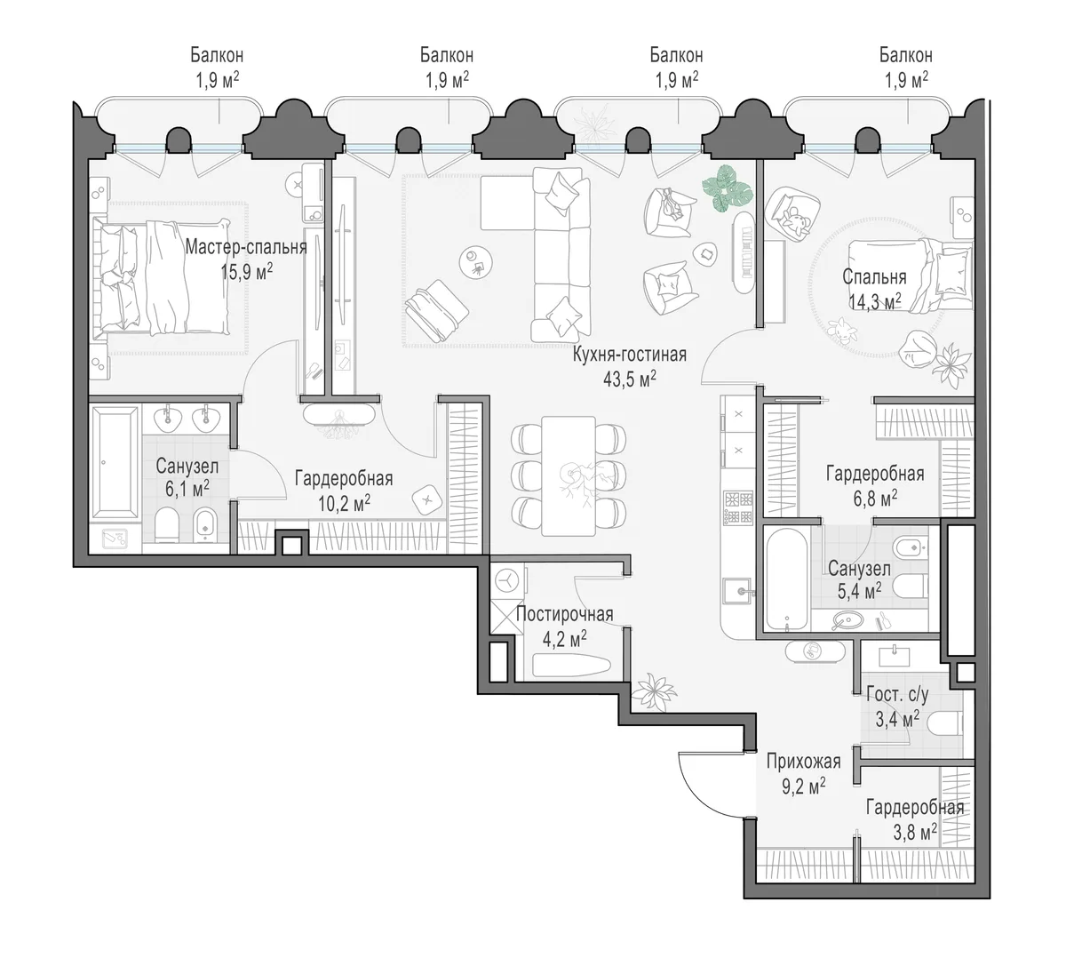 3-комнатная квартира 125 м² в ЖК «Фрунзенский» — планировки 3