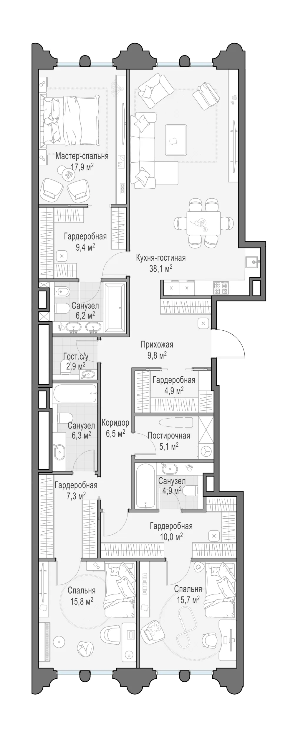 3-комнатная квартира 161,2 м² в ЖК «Фрунзенский» — планировки 2