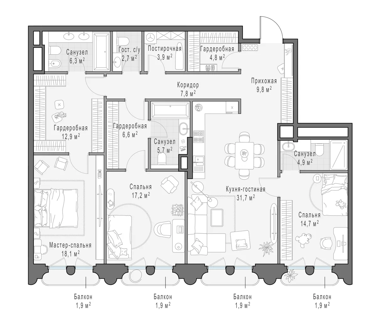 3-комнатная квартира 149,4 м² в ЖК «Фрунзенский» — планировки 2
