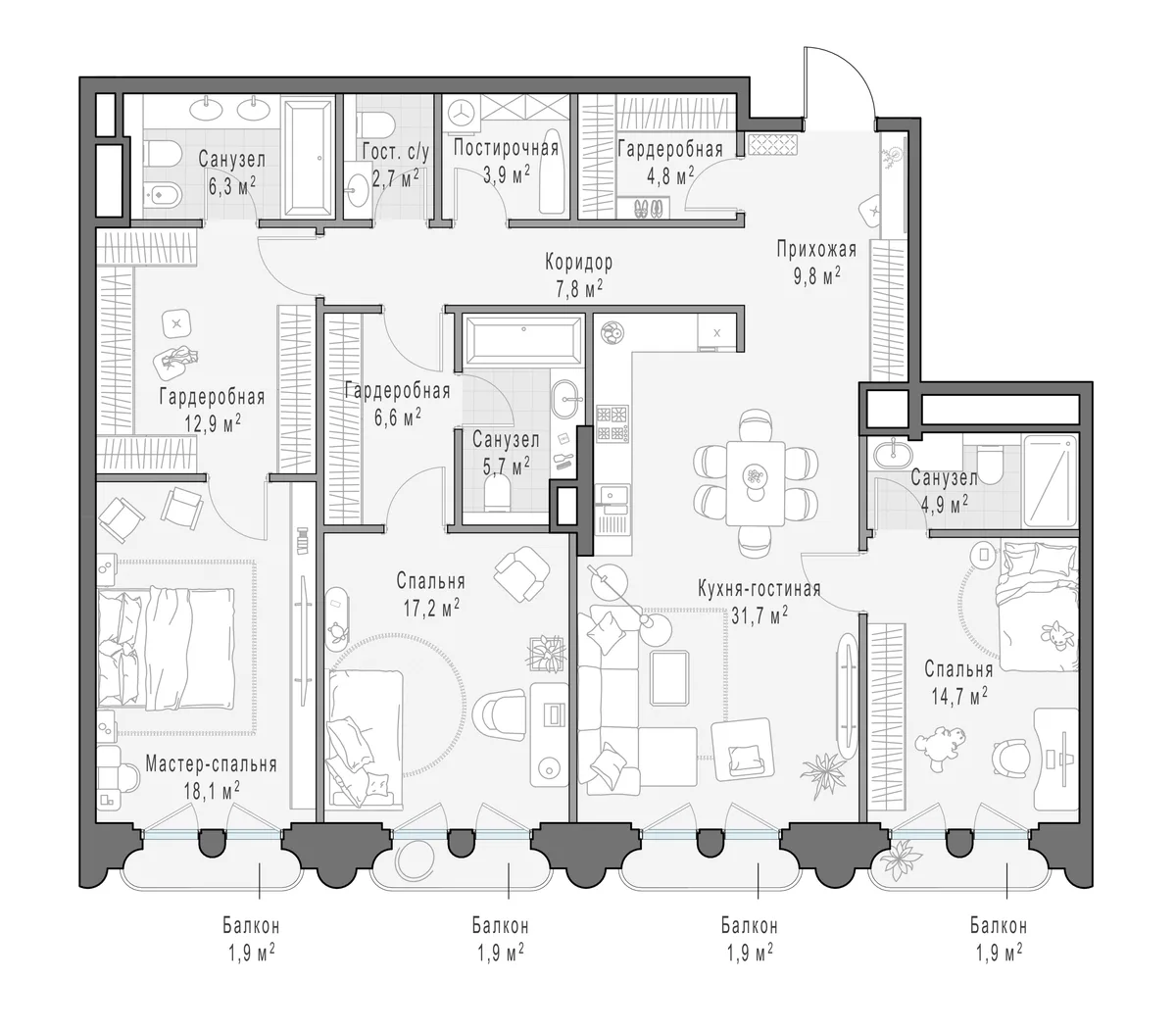 3-комнатная квартира 149,5 м² в ЖК «Фрунзенский» — планировки 1