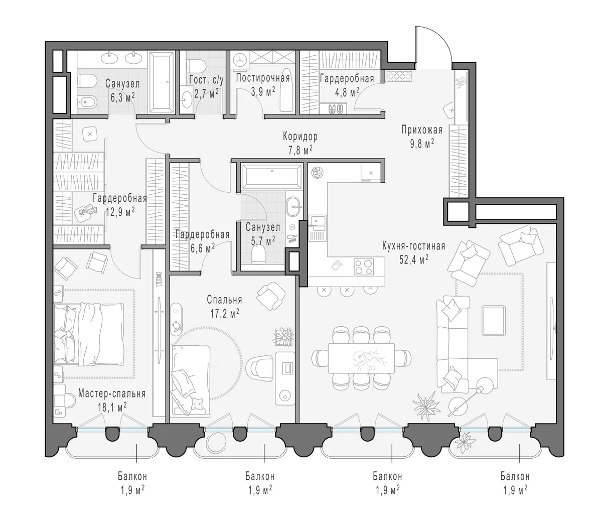 3-комнатная квартира 149,5 м² в ЖК «Фрунзенский» — планировки 2