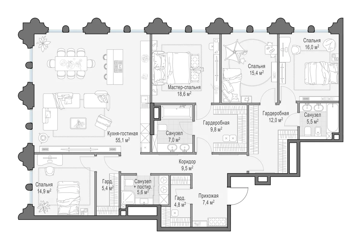 4-комнатная квартира 186,9 м² в ЖК «Фрунзенский» — планировки 2