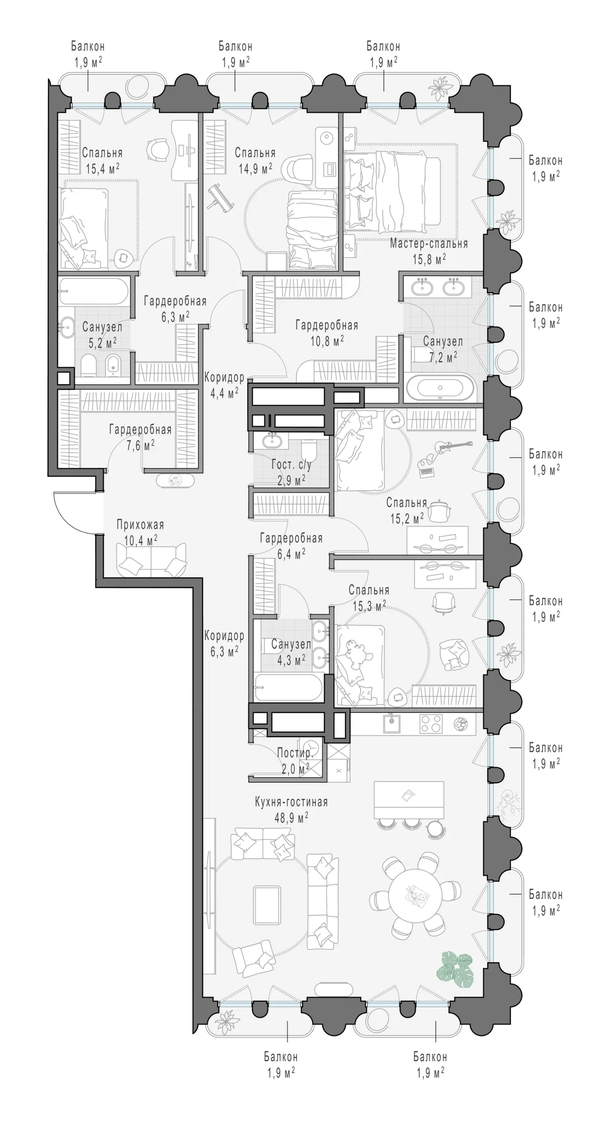 4-комнатная квартира 206,6 м² в ЖК «Фрунзенский» — планировки 5