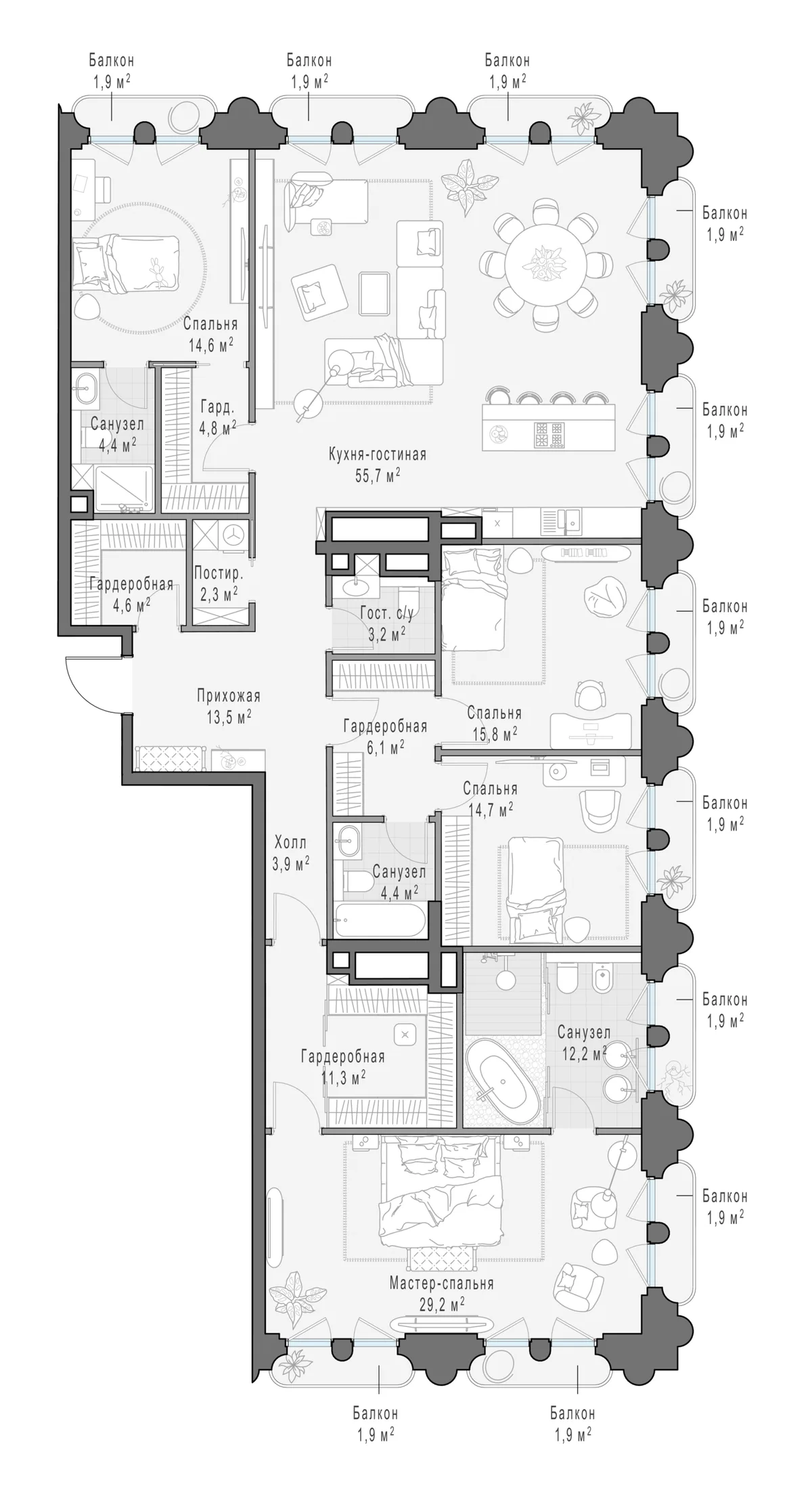4-комнатная квартира 206,8 м² в ЖК «Фрунзенский» — планировки 3