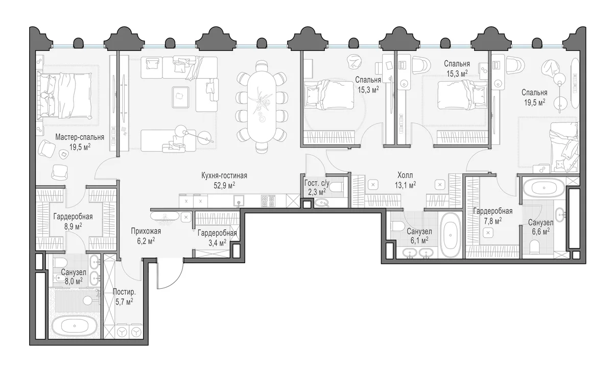 4-комнатная квартира 190,6 м² в ЖК «Фрунзенский» — планировки 1