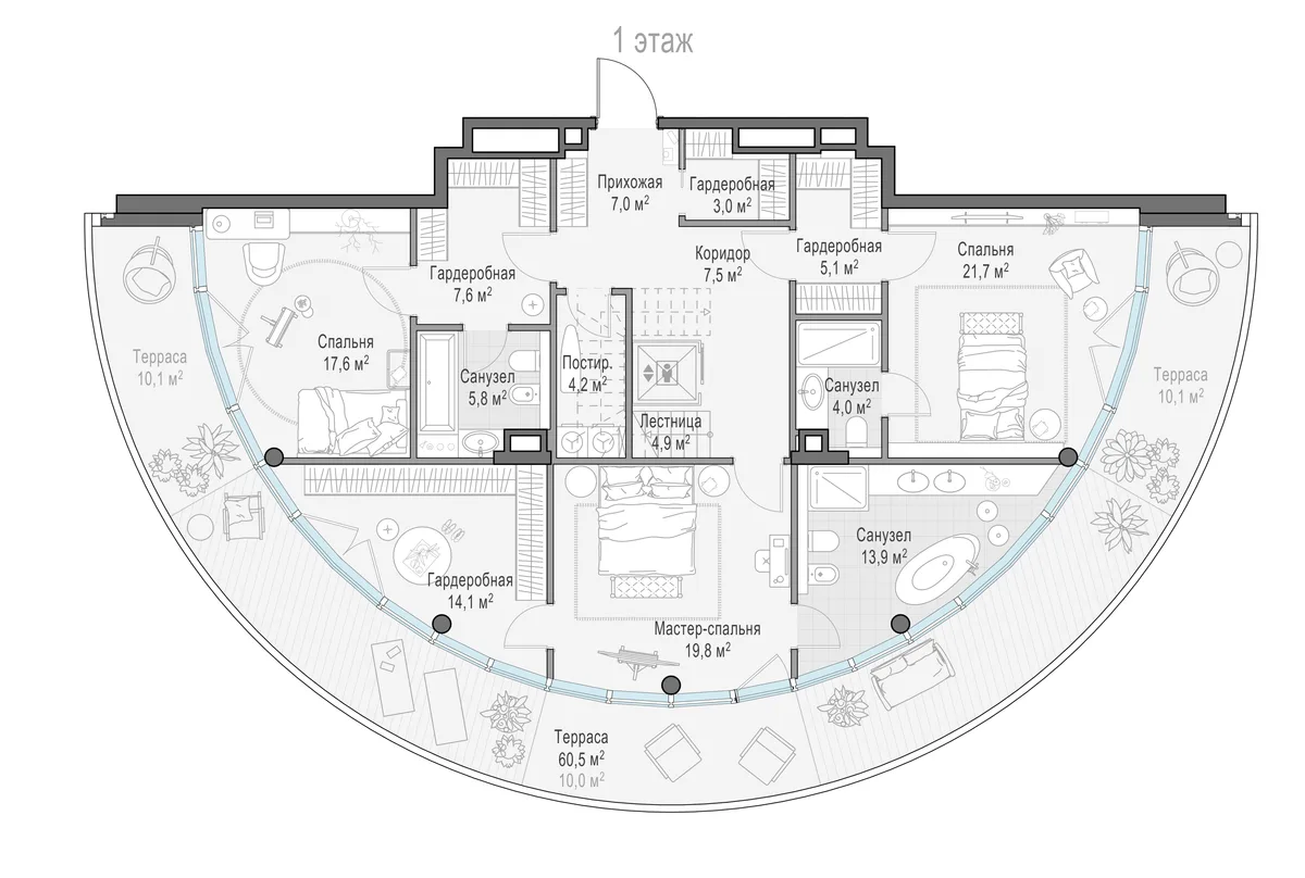 5-комнатный пентхаус 287,9 м² в ЖК «Фрунзенский» — планировки 4