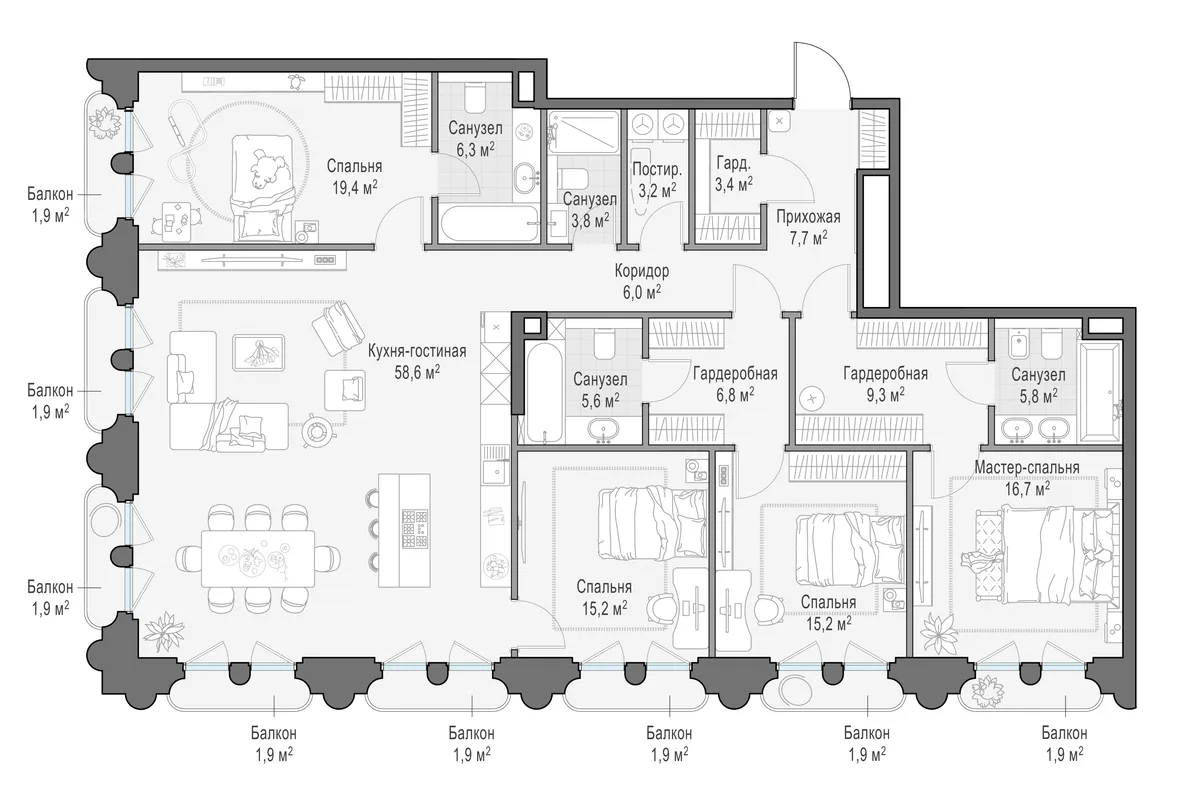 5-комнатная квартира 186,8 м² в ЖК «Фрунзенский» — планировки 2